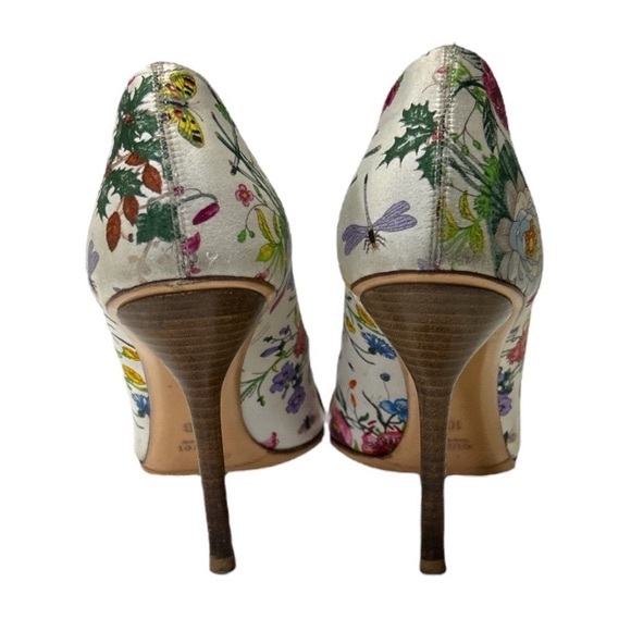 Gucci Satin Horsebit Pumps US 10 White Floral Peep Toe High Heels Buckles - Picture 4 of 12